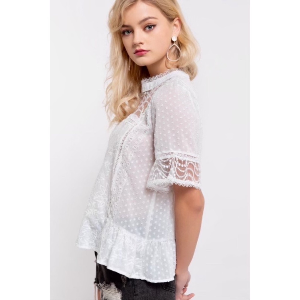 POL White Victorian Inspired Lace & Swiss Dot Short Sleeve Top - Picture 3 of 6